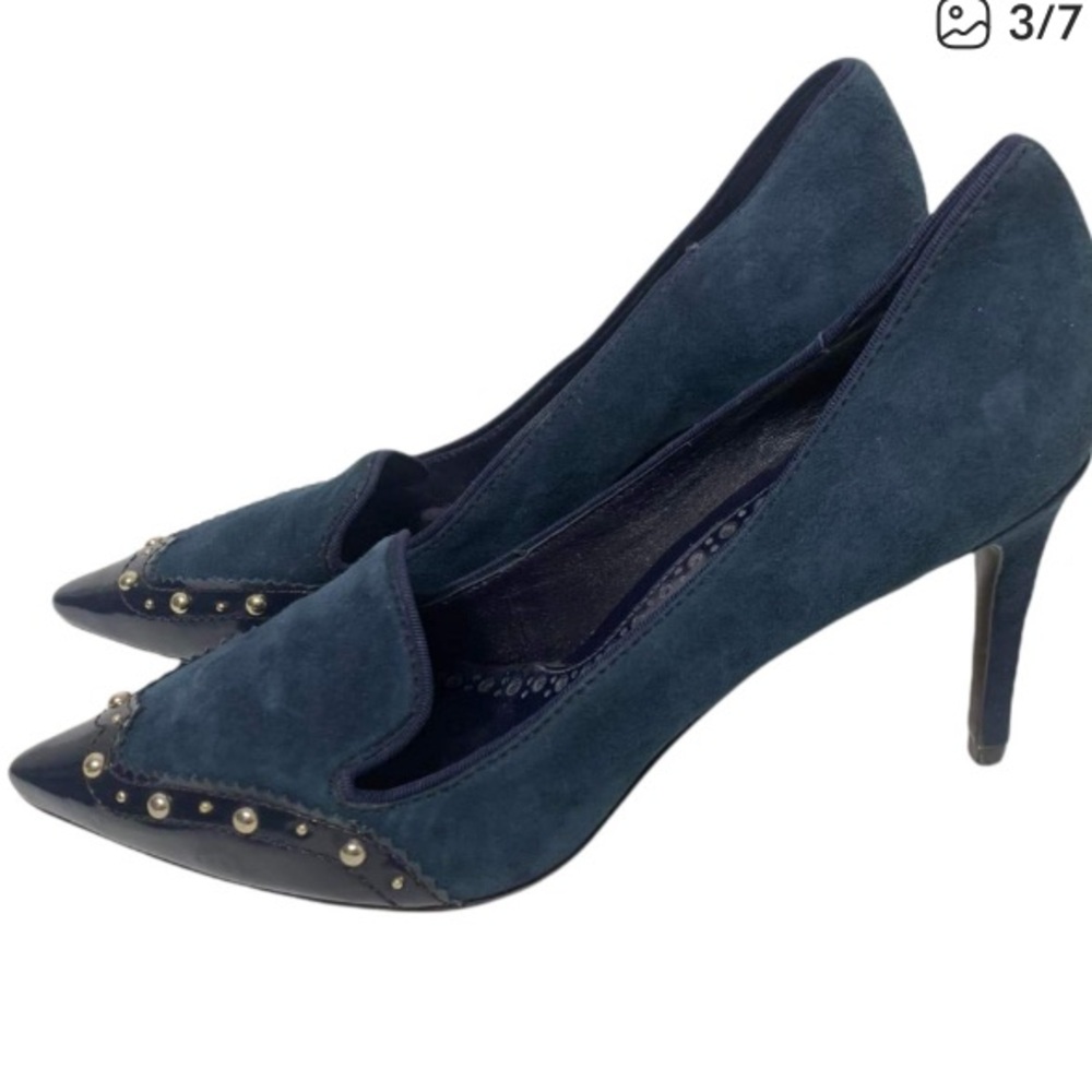 Tory Burch Monroe Navy Blue Stud Suede Heels Size 9.5